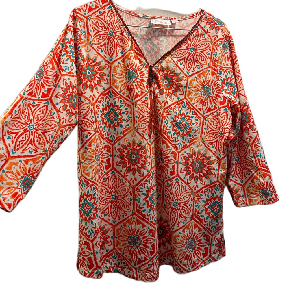 Belle by Kim Gravel's Maternity Knit top Size Med 3/4 zip. Orange/teal/white EUC